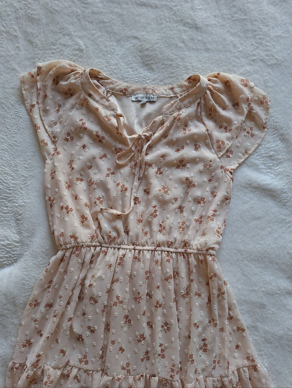 Moon River Floral Swiss Dot Tiered Midi Dress Tie Neck S - Picture 2 of 11